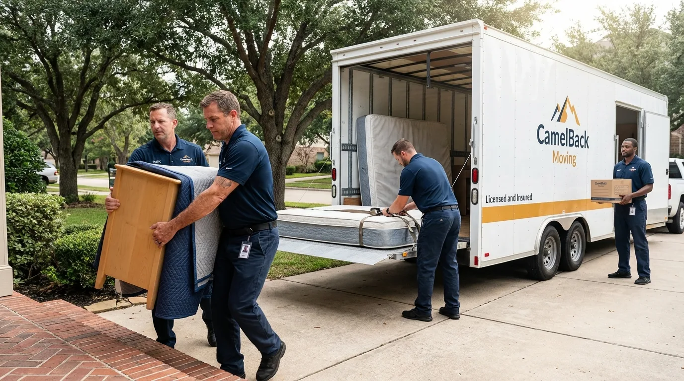 Crew loading residential truck for cross-state move from Emory, TX